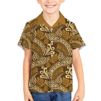 Brown Gold Monstera Family Matching Short Sleeve Bodycon Dress and Hawaiian Shirt Polynesian Tribal Pattern - Polynesian Pride