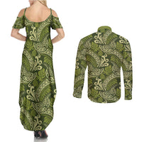 Olive Green Monstera Couples Matching Summer Maxi Dress and Long Sleeve Button Shirt Polynesian Tribal Pattern LT01 - Polynesian Pride