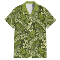 Olive Green Monstera Family Matching Off The Shoulder Long Sleeve Dress and Hawaiian Shirt Polynesian Tribal Pattern - Polynesian Pride