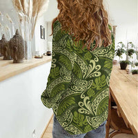 Olive Green Monstera Women Casual Shirt Polynesian Tribal Pattern LT01 - Polynesian Pride