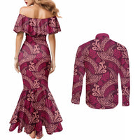Sweet Pink Monstera Couples Matching Mermaid Dress and Long Sleeve Button Shirt Polynesian Tribal Pattern - Polynesian Pride
