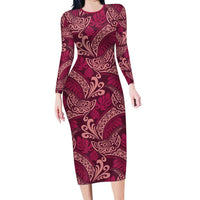 Sweet Pink Monstera Family Matching Long Sleeve Bodycon Dress and Hawaiian Shirt Polynesian Tribal Pattern LT01 Mom's Dress Pink - Polynesian Pride