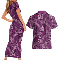 Royal Purple Monstera Couples Matching Short Sleeve Bodycon Dress and Hawaiian Shirt Polynesian Tribal Pattern - Polynesian Pride