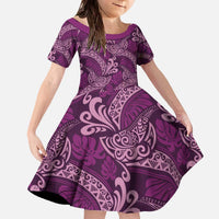 Royal Purple Monstera Family Matching Off The Shoulder Long Sleeve Dress and Hawaiian Shirt Polynesian Tribal Pattern LT01 Daughter's Dress Purple - Polynesian Pride