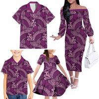 Royal Purple Monstera Family Matching Off The Shoulder Long Sleeve Dress and Hawaiian Shirt Polynesian Tribal Pattern LT01 - Polynesian Pride