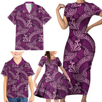 Royal Purple Monstera Family Matching Short Sleeve Bodycon Dress and Hawaiian Shirt Polynesian Tribal Pattern LT01 - Polynesian Pride