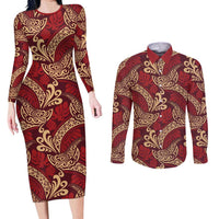 Luxury Red Monstera Couples Matching Long Sleeve Bodycon Dress and Long Sleeve Button Shirt Polynesian Tribal Pattern LT01 Red - Polynesian Pride