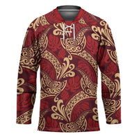 Luxury Red Monstera Hockey Jersey Polynesian Tribal Pattern - Polynesian Pride