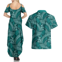 Teal Monstera Couples Matching Summer Maxi Dress and Hawaiian Shirt Polynesian Tribal Pattern LT01 - Polynesian Pride