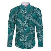 Teal Monstera Family Matching Tank Maxi Dress and Hawaiian Shirt Polynesian Tribal Pattern LT01 Dad's Shirt - Long Sleeve Teal - Polynesian Pride