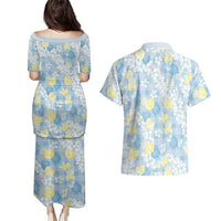 Anthurium Plumeria Lei Pastel Couples Matching Puletasi and Hawaiian Shirt Blue Hawaiian Splendid Palaka
