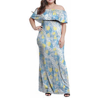 Anthurium Plumeria Lei Pastel Family Matching Off Shoulder Maxi Dress and Hawaiian Shirt Blue Hawaiian Splendid Palaka LT01 Mom's Dress Blue - Polynesian Pride
