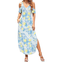 Anthurium Plumeria Lei Pastel Family Matching Summer Maxi Dress and Hawaiian Shirt Blue Hawaiian Splendid Palaka LT01 Mom's Dress Blue - Polynesian Pride