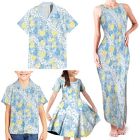 Anthurium Plumeria Lei Pastel Family Matching Tank Maxi Dress and Hawaiian Shirt Blue Hawaiian Splendid Palaka LT01 - Polynesian Pride