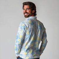 Anthurium Plumeria Lei Pastel Long Sleeve Polo Shirt Blue Hawaiian Splendid Palaka