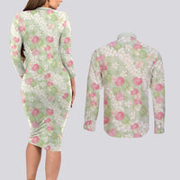 Anthurium Plumeria Lei Pastel Couples Matching Long Sleeve Bodycon Dress and Long Sleeve Button Shirt Green Hawaiian Splendid Palaka