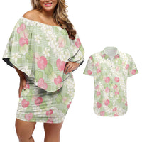 Anthurium Plumeria Lei Pastel Couples Matching Off Shoulder Short Dress and Hawaiian Shirt Green Hawaiian Splendid Palaka