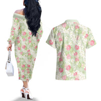 Anthurium Plumeria Lei Pastel Couples Matching Off The Shoulder Long Sleeve Dress and Hawaiian Shirt Green Hawaiian Splendid Palaka LT01 - Polynesian Pride