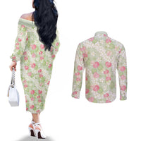 Anthurium Plumeria Lei Pastel Couples Matching Off The Shoulder Long Sleeve Dress and Long Sleeve Button Shirt Green Hawaiian Splendid Palaka