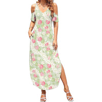 Anthurium Plumeria Lei Pastel Family Matching Summer Maxi Dress and Hawaiian Shirt Green Hawaiian Splendid Palaka LT01 Mom's Dress Green - Polynesian Pride