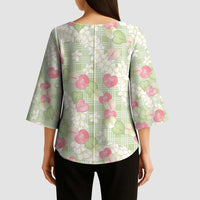 Anthurium Plumeria Lei Pastel Kimono Sleeve Blouse Green Hawaiian Splendid Palaka