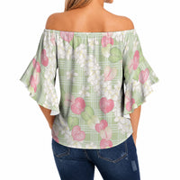 Anthurium Plumeria Lei Pastel Off Shoulder Wrap Waist Top Green Hawaiian Splendid Palaka LT01 - Polynesian Pride