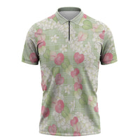 Anthurium Plumeria Lei Pastel Zipper Polo Shirt Green Hawaiian Splendid Palaka