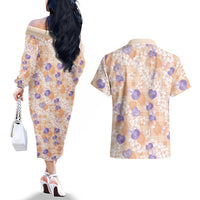 Anthurium Plumeria Lei Pastel Couples Matching Off The Shoulder Long Sleeve Dress and Hawaiian Shirt Orange Hawaiian Splendid Palaka LT01 - Polynesian Pride