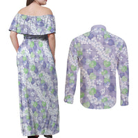 Anthurium Plumeria Lei Pastel Couples Matching Off Shoulder Maxi Dress and Long Sleeve Button Shirt Purple Hawaiian Splendid Palaka