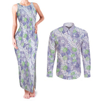 Anthurium Plumeria Lei Pastel Couples Matching Tank Maxi Dress and Long Sleeve Button Shirt Purple Hawaiian Splendid Palaka