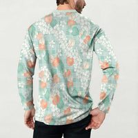 Anthurium Plumeria Lei Pastel Button Sweatshirt Teal Hawaiian Splendid Palaka