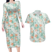 Anthurium Plumeria Lei Pastel Couples Matching Long Sleeve Bodycon Dress and Hawaiian Shirt Teal Hawaiian Splendid Palaka LT01 Teal - Polynesian Pride