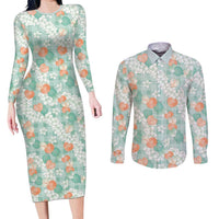 Anthurium Plumeria Lei Pastel Couples Matching Long Sleeve Bodycon Dress and Long Sleeve Button Shirt Teal Hawaiian Splendid Palaka