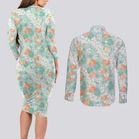 Anthurium Plumeria Lei Pastel Couples Matching Long Sleeve Bodycon Dress and Long Sleeve Button Shirt Teal Hawaiian Splendid Palaka