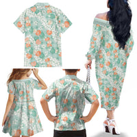 Anthurium Plumeria Lei Pastel Family Matching Off The Shoulder Long Sleeve Dress and Hawaiian Shirt Teal Hawaiian Splendid Palaka LT01 - Polynesian Pride