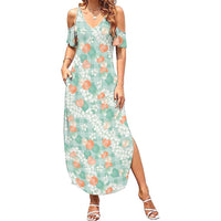 Anthurium Plumeria Lei Pastel Family Matching Summer Maxi Dress and Hawaiian Shirt Teal Hawaiian Splendid Palaka LT01 Mom's Dress Teal - Polynesian Pride