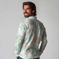 Anthurium Plumeria Lei Pastel Long Sleeve Polo Shirt Teal Hawaiian Splendid Palaka
