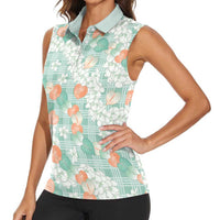 Anthurium Plumeria Lei Pastel Women Sleeveless Polo Shirt Teal Hawaiian Splendid Palaka