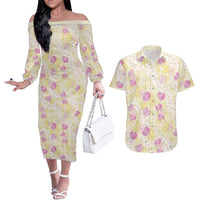 Anthurium Plumeria Lei Pastel Couples Matching Off The Shoulder Long Sleeve Dress and Hawaiian Shirt Yellow Hawaiian Splendid Palaka LT01 Yellow - Polynesian Pride