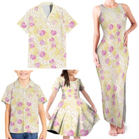 Anthurium Plumeria Lei Pastel Family Matching Tank Maxi Dress and Hawaiian Shirt Yellow Hawaiian Splendid Palaka LT01 - Polynesian Pride