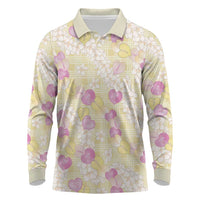 Anthurium Plumeria Lei Pastel Long Sleeve Polo Shirt Yellow Hawaiian Splendid Palaka