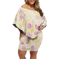 Anthurium Plumeria Lei Pastel Off Shoulder Short Dress Yellow Hawaiian Splendid Palaka
