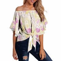 Anthurium Plumeria Lei Pastel Off Shoulder Wrap Waist Top Yellow Hawaiian Splendid Palaka LT01 - Polynesian Pride