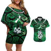 Personalised Maori Matariki Manaia Kakariki Couples Matching Off Shoulder Short Dress and Hawaiian Shirt Maori Kowhaiwhai Pattern Galaxy