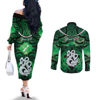 Personalised Maori Matariki Manaia Kakariki Couples Matching Off The Shoulder Long Sleeve Dress and Long Sleeve Button Shirt Maori Kowhaiwhai Pattern Galaxy