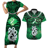 Personalised Maori Matariki Manaia Kakariki Couples Matching Short Sleeve Bodycon Dress and Hawaiian Shirt Maori Kowhaiwhai Pattern Galaxy LT01 Green - Polynesian Pride