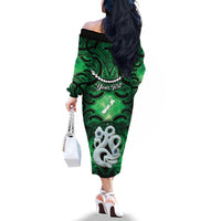 Personalised Maori Matariki Manaia Kakariki Family Matching Off The Shoulder Long Sleeve Dress and Hawaiian Shirt Maori Kowhaiwhai Pattern Galaxy LT01 - Polynesian Pride
