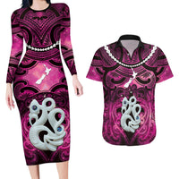 Personalised Maori Matariki Manaia Mawhero Couples Matching Long Sleeve Bodycon Dress and Hawaiian Shirt Maori Kowhaiwhai Pattern Galaxy LT01 Pink - Polynesian Pride