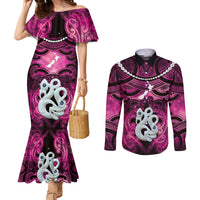 Personalised Maori Matariki Manaia Mawhero Couples Matching Mermaid Dress and Long Sleeve Button Shirt Maori Kowhaiwhai Pattern Galaxy