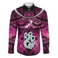 Personalised Maori Matariki Manaia Mawhero Family Matching Off Shoulder Maxi Dress and Hawaiian Shirt Maori Kowhaiwhai Pattern Galaxy LT01 Dad's Shirt - Long Sleeve Pink - Polynesian Pride